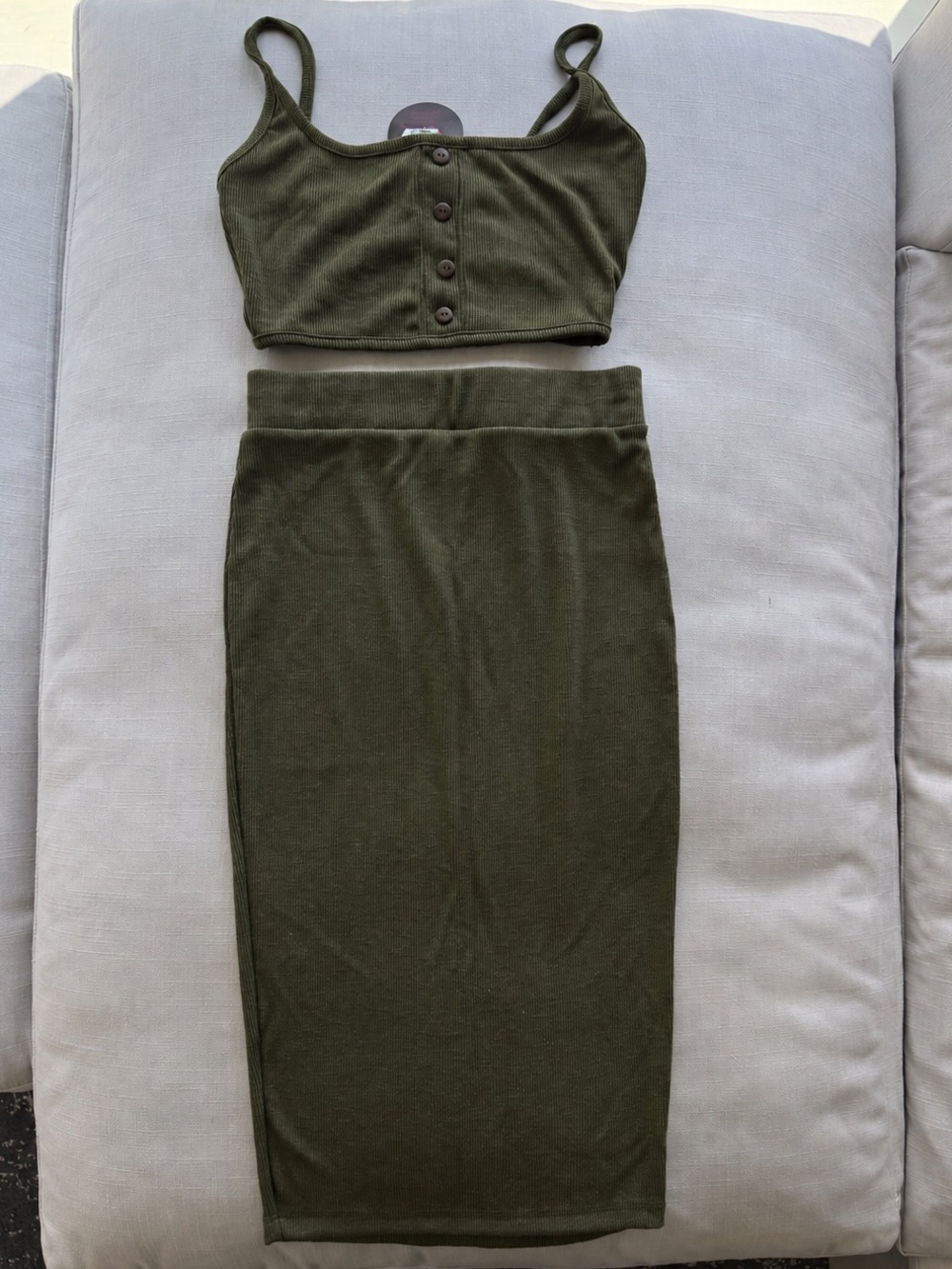 Hot Miami Styles Olive Green Ribbed Crop Top & Midi Skirt Set Size S